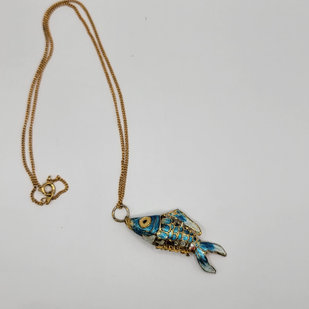 Cloisonne Koi Fish Articulated Charm Pendant Vtg Enamel Guilloche Baby Blue Rare 45$